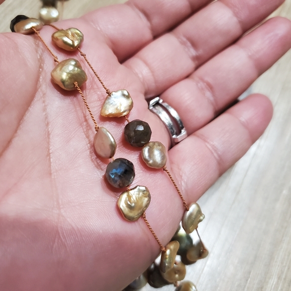 Labradorite Champagne Pearl Beads Sterling Silver Clasp Long 30" Necklace - Picture 6 of 10